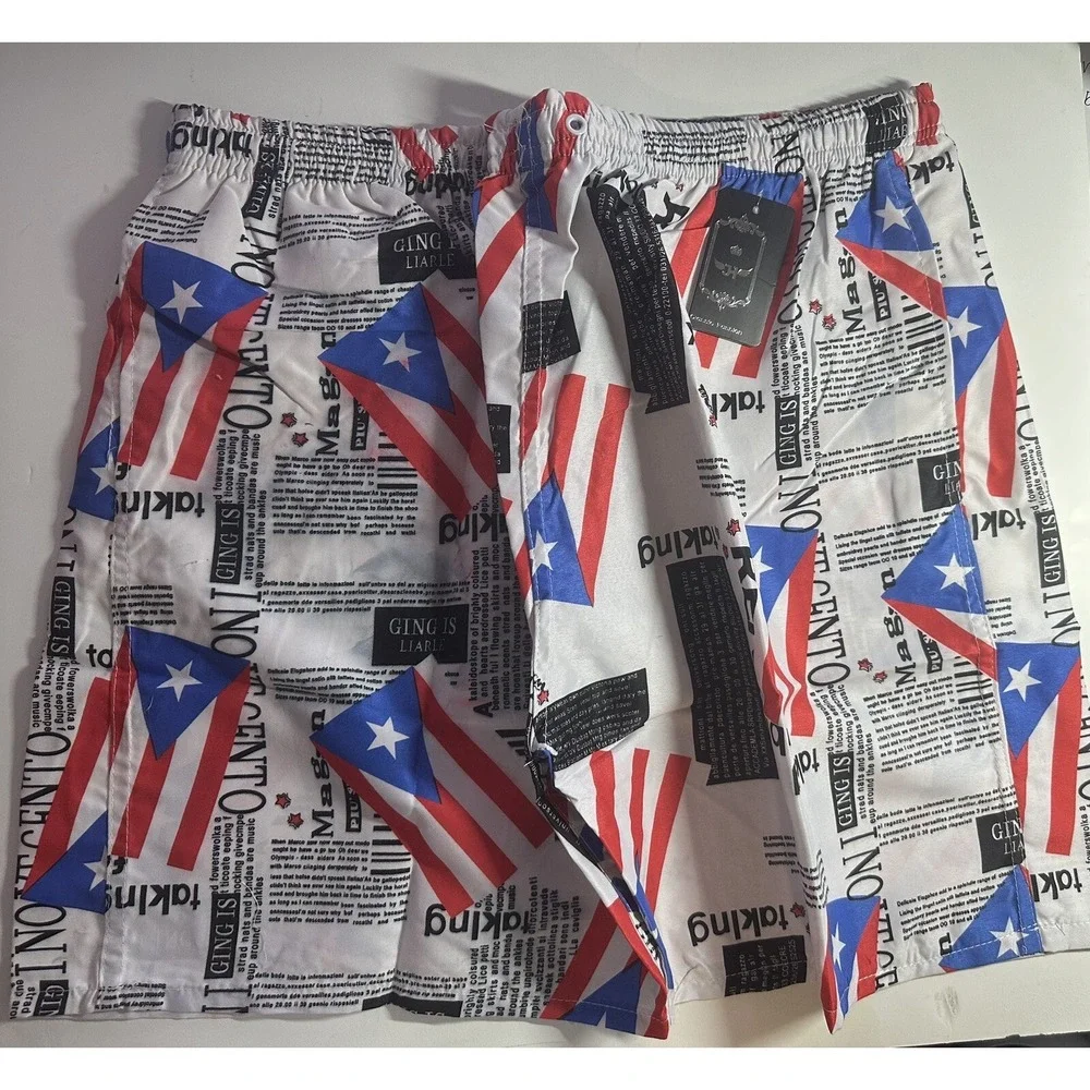 Puerto Rico Flag Swimming Shorts Mens Multicolor Beach One Size Newspaper Print